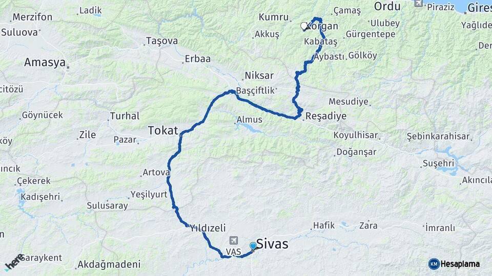 Sivas Korgan Ordu Arası Kaç Km - Yol Haritası