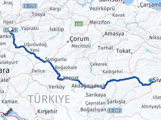 Sivas Korgun Çankırı Arası Kaç Km - Yol Haritası
