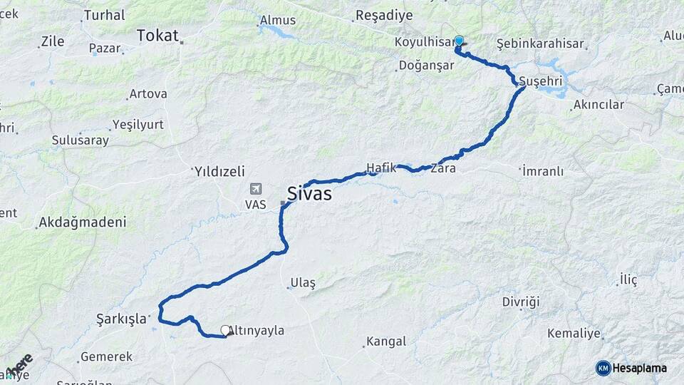 Sivas Koyulhisar Altınyayla Arası Kaç Km - Yol Haritası