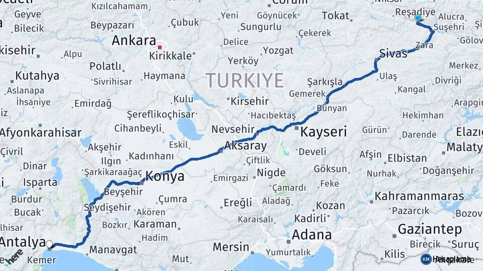 Sivas Koyulhisar Antalya Arası Kaç Km - Yol Haritası