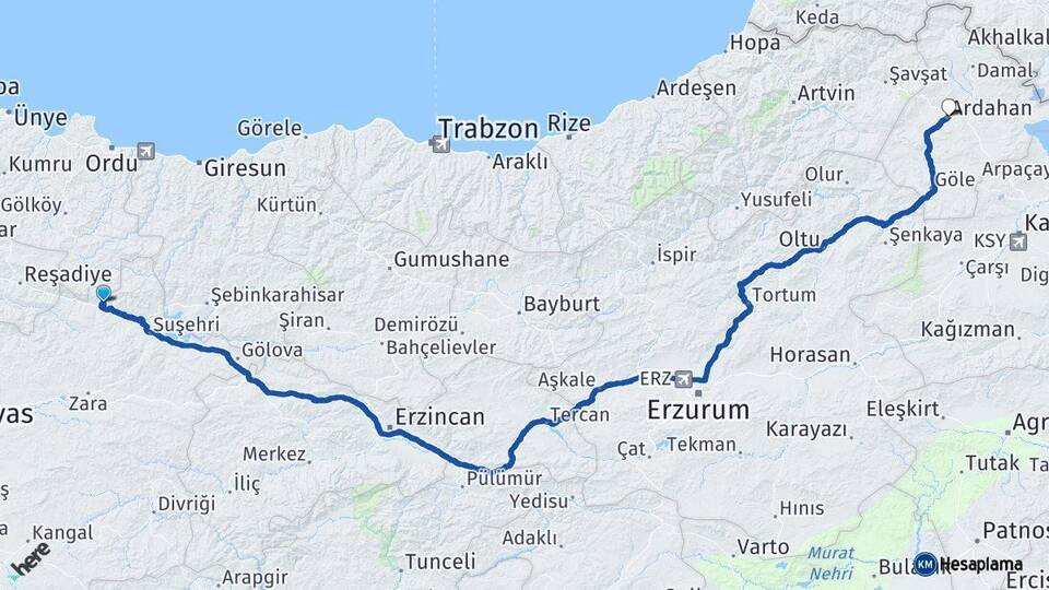 Sivas Koyulhisar Ardahan Arası Kaç Km - Yol Haritası