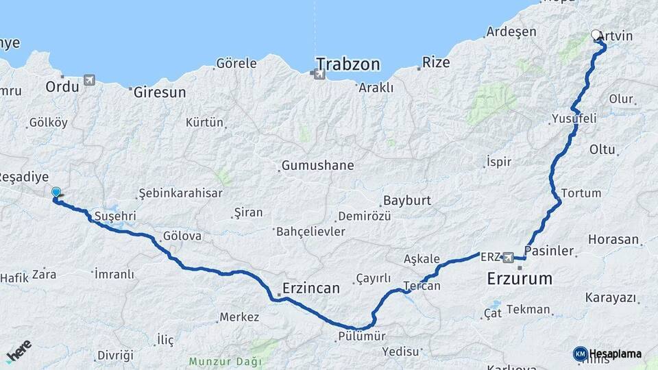 Sivas Koyulhisar Artvin Arası Kaç Km - Yol Haritası