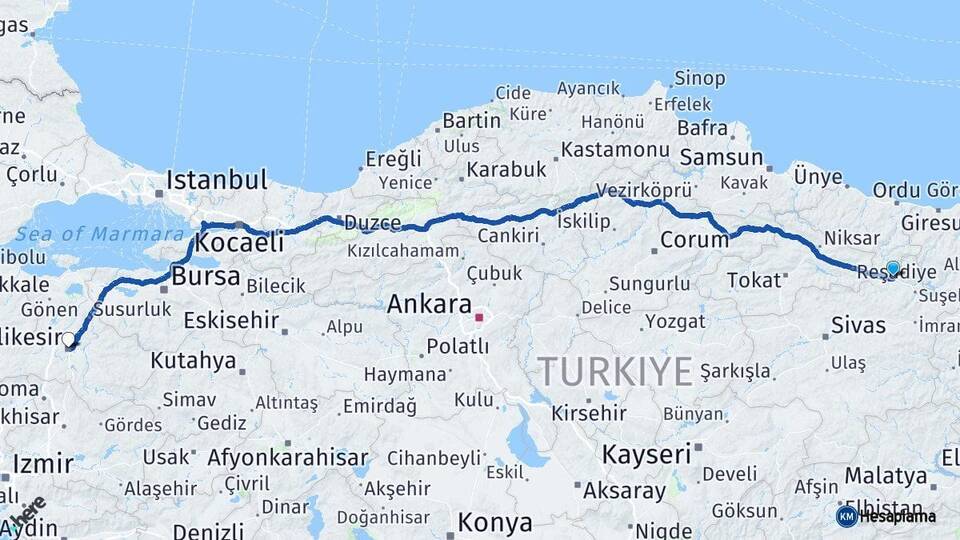Sivas Koyulhisar Balıkesir Arası Kaç Km - Yol Haritası