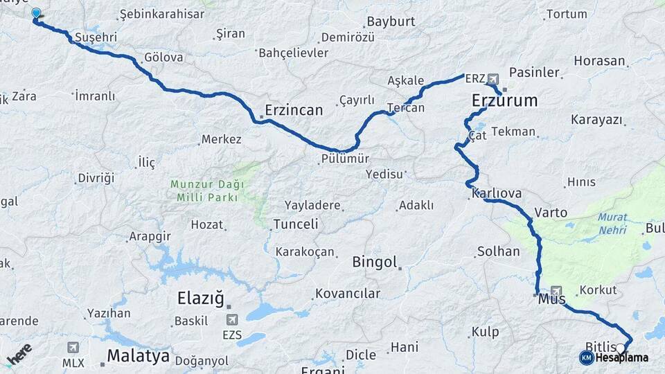 Sivas Koyulhisar Bitlis Arası Kaç Km - Yol Haritası