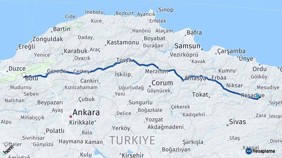 Sivas Koyulhisar Bolu Arası Kaç Km - Yol Haritası