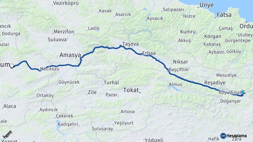 Sivas Koyulhisar Çorum Arası Kaç Km - Yol Haritası