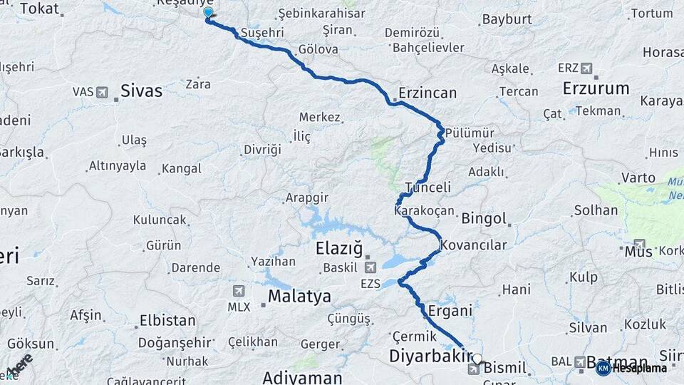 Sivas Koyulhisar Diyarbakır Arası Kaç Km - Yol Haritası