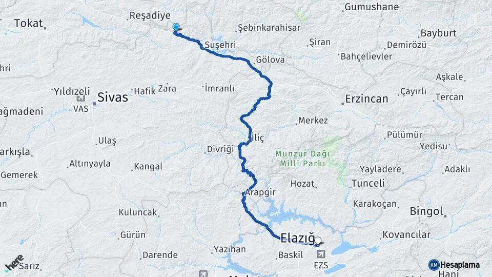 Sivas Koyulhisar Elazığ Arası Kaç Km - Yol Haritası