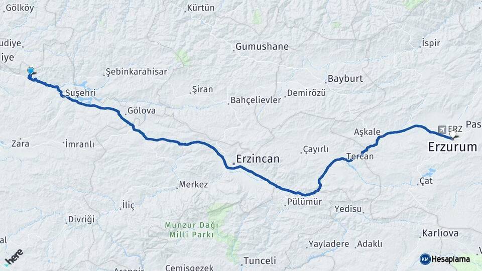 Sivas Koyulhisar Erzurum Arası Kaç Km - Yol Haritası