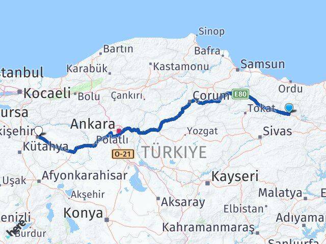 Sivas Koyulhisar Eskişehir Arası Kaç Km - Yol Haritası