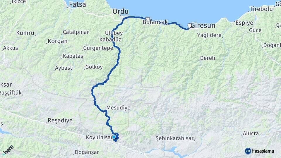 Sivas Koyulhisar Giresun Arası Kaç Km - Yol Haritası