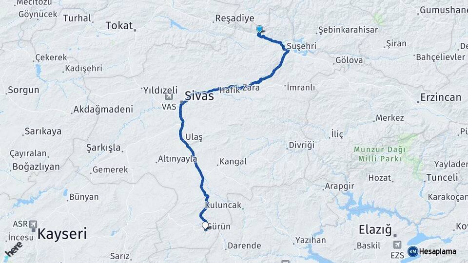 Sivas Koyulhisar Gürün Arası Kaç Km - Yol Haritası