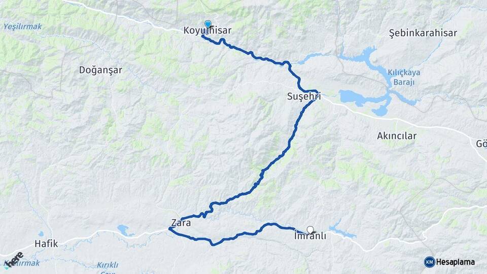 Sivas Koyulhisar İmranlı Arası Kaç Km - Yol Haritası