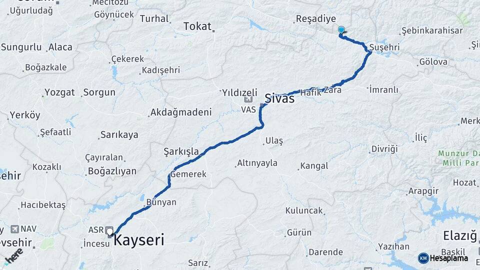 Sivas Koyulhisar Kayseri Arası Kaç Km - Yol Haritası