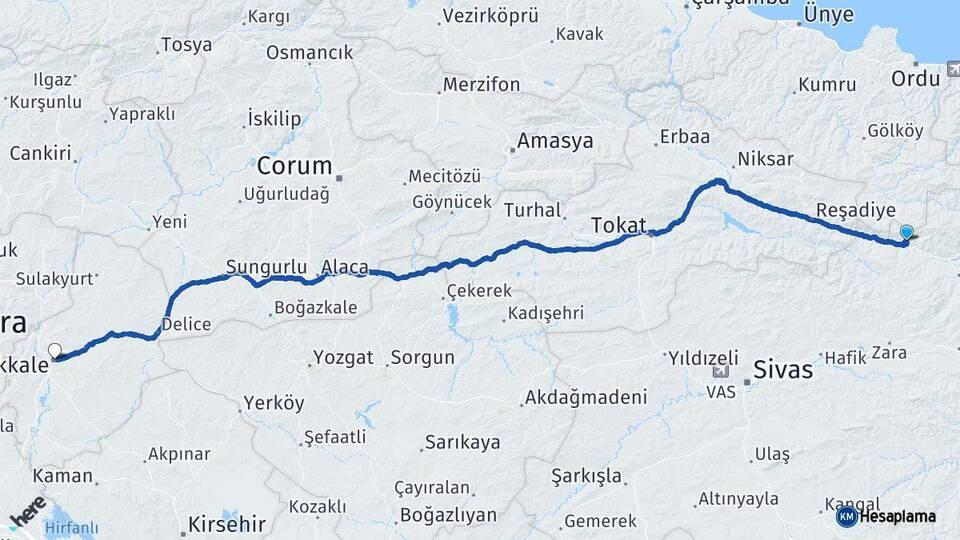 Sivas Koyulhisar Kırıkkale Arası Kaç Km - Yol Haritası