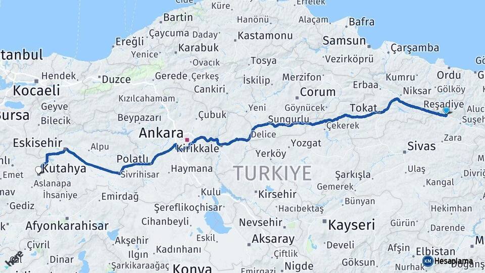 Sivas Koyulhisar Kütahya Arası Kaç Km - Yol Haritası