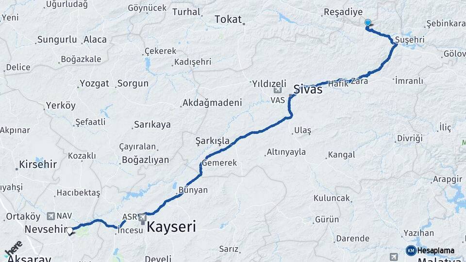 Sivas Koyulhisar Nevşehir Arası Kaç Km - Yol Haritası