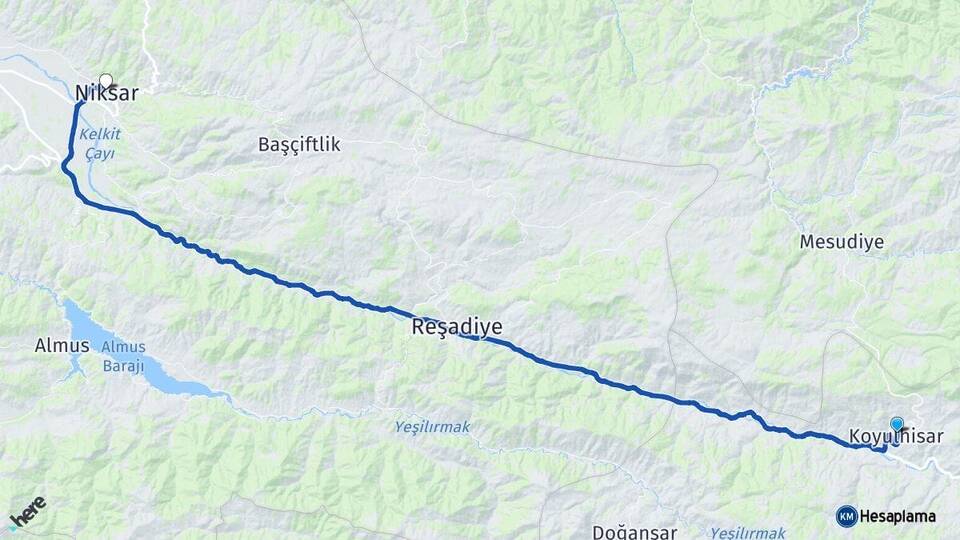 Sivas Koyulhisar Niksar Tokat Arası Kaç Km - Yol Haritası