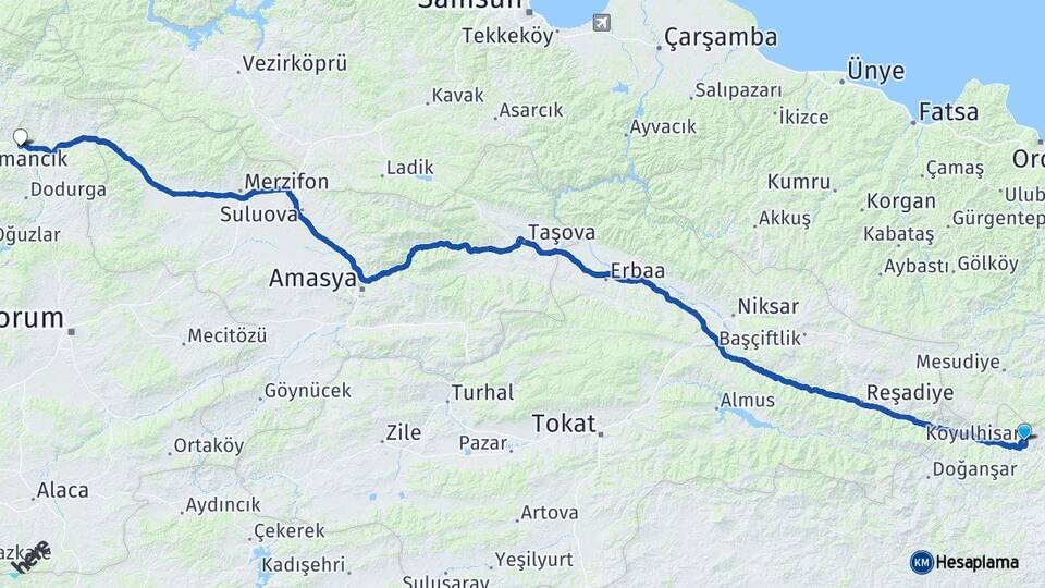 Sivas Koyulhisar Osmancık Çorum Arası Kaç Km - Yol Haritası