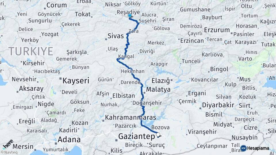 Sivas Koyulhisar Şanlıurfa Arası Kaç Km - Yol Haritası