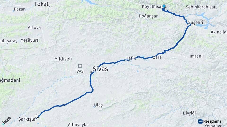 Sivas Koyulhisar Şarkışla Arası Kaç Km - Yol Haritası