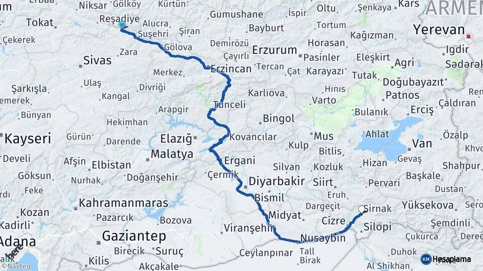Sivas Koyulhisar Şırnak Arası Kaç Km - Yol Haritası