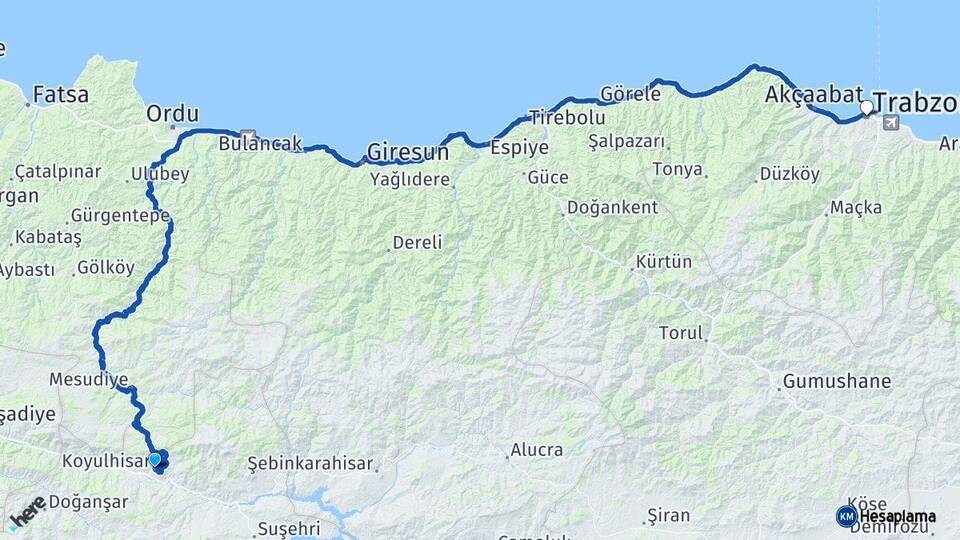 Sivas Koyulhisar Trabzon Arası Kaç Km - Yol Haritası