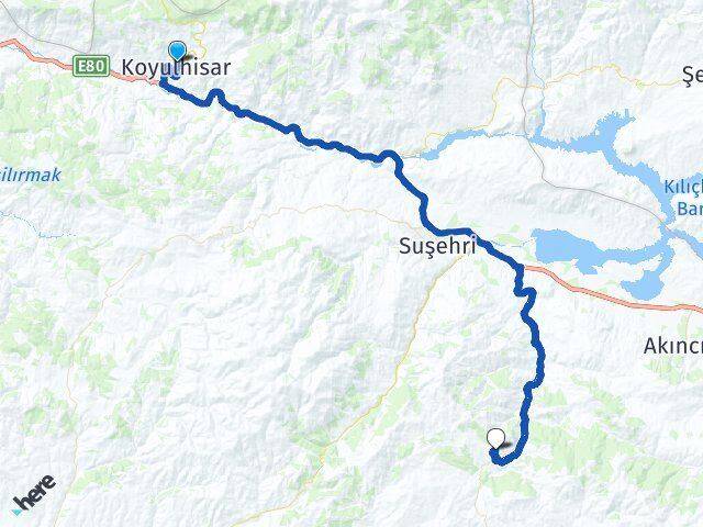 Sivas Koyulhisar Yoncalı Suşehri Arası Kaç Km - Yol Haritası