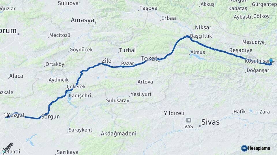 Sivas Koyulhisar Yozgat Arası Kaç Km - Yol Haritası