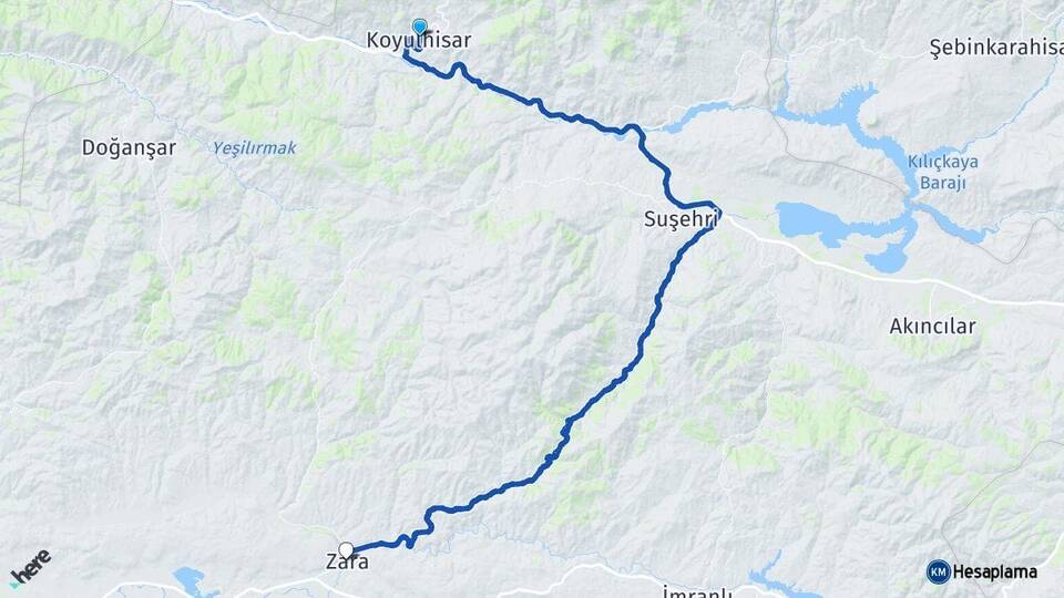 Sivas Koyulhisar Zara Arası Kaç Km - Yol Haritası