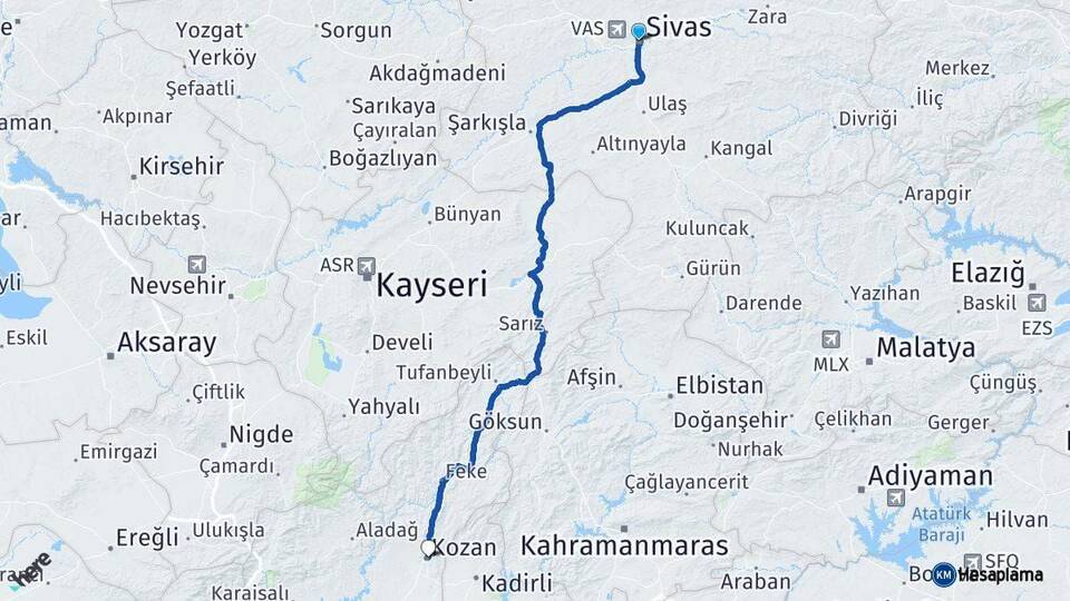 Sivas Kozan Adana Arası Kaç Km - Yol Haritası