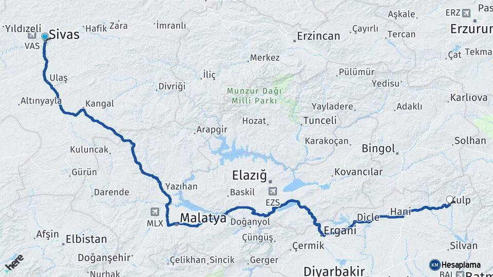 Sivas Kulp Diyarbakır Arası Kaç Km - Yol Haritası