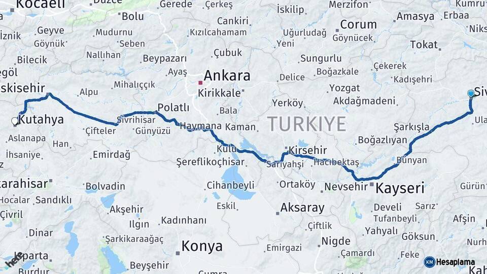 Sivas Kütahya Arası Kaç Km - Yol Haritası