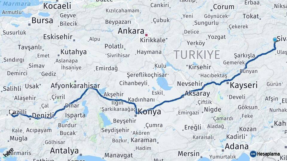 Sivas Kuyucak Aydın Arası Kaç Km - Yol Haritası
