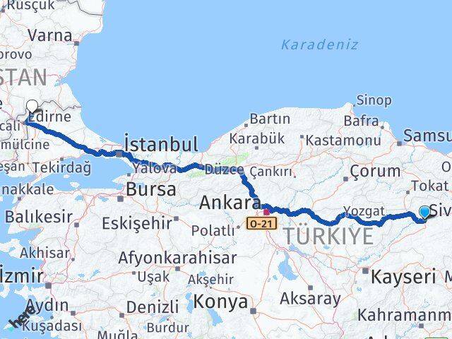 Sivas Lalapaşa Edirne Arası Kaç Km - Yol Haritası