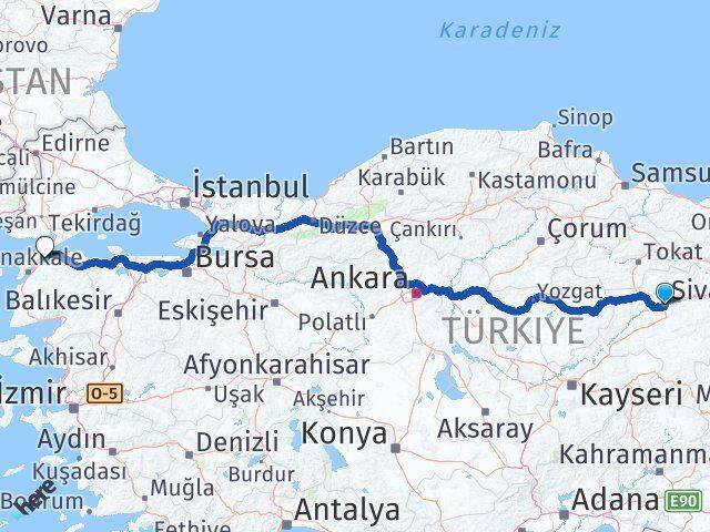 Sivas Lapseki Çanakkale Arası Kaç Km - Yol Haritası
