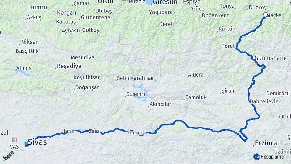 Sivas Maçka Trabzon Arası Kaç Km - Yol Haritası