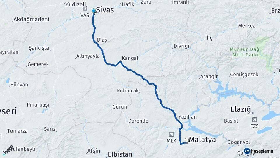 Sivas Malatya Arası Kaç Km - Yol Haritası