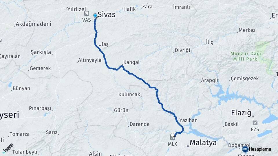 Sivas Malatya Havalimanı Arası Kaç Km - Yol Haritası