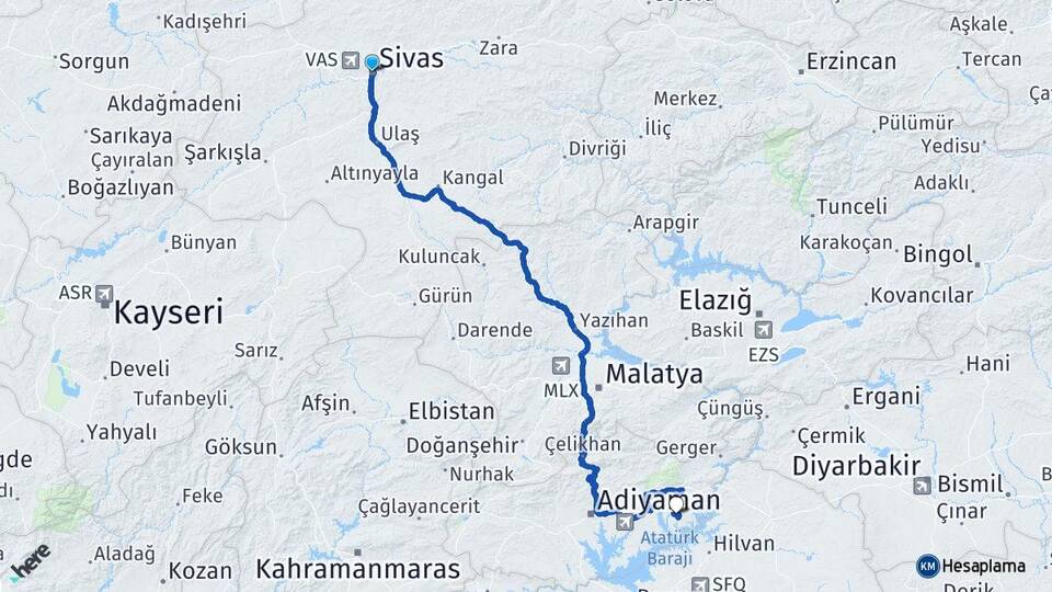 Sivas Menzil Kahta Adıyaman Arası Kaç Km - Yol Haritası