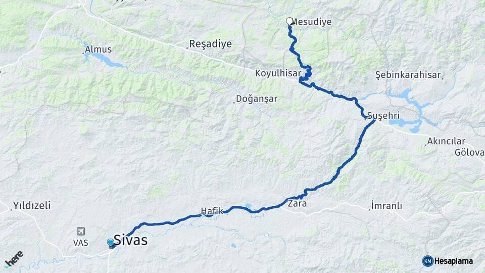 Sivas Mesudiye Ordu Arası Kaç Km - Yol Haritası