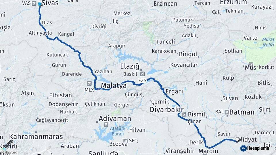 Sivas Midyat Mardin Arası Kaç Km - Yol Haritası