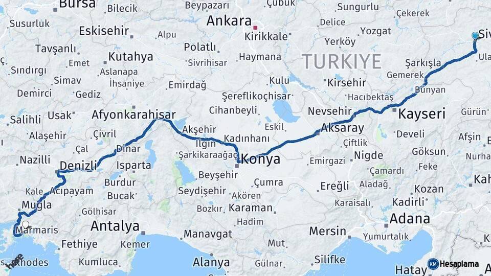 Sivas Muğla Arası Kaç Km - Yol Haritası