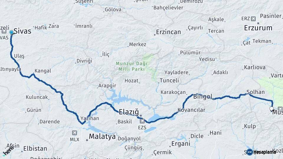 Sivas Muş Arası Kaç Km - Yol Haritası