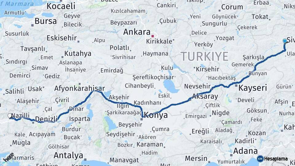 Sivas Nazilli Aydın Arası Kaç Km - Yol Haritası