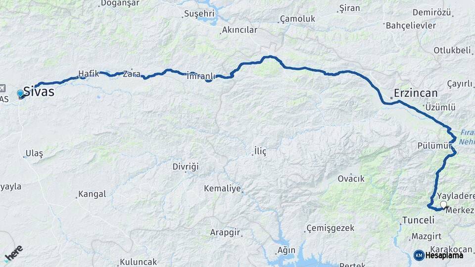 Sivas Nazımiye Tunceli Arası Kaç Km - Yol Haritası