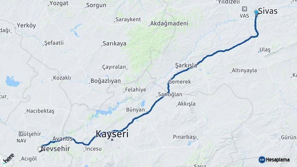 Sivas Nevşehir Arası Kaç Km - Yol Haritası
