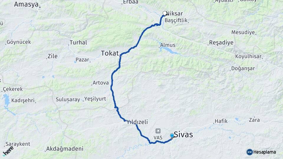 Sivas Niksar Tokat Arası Kaç Km - Yol Haritası