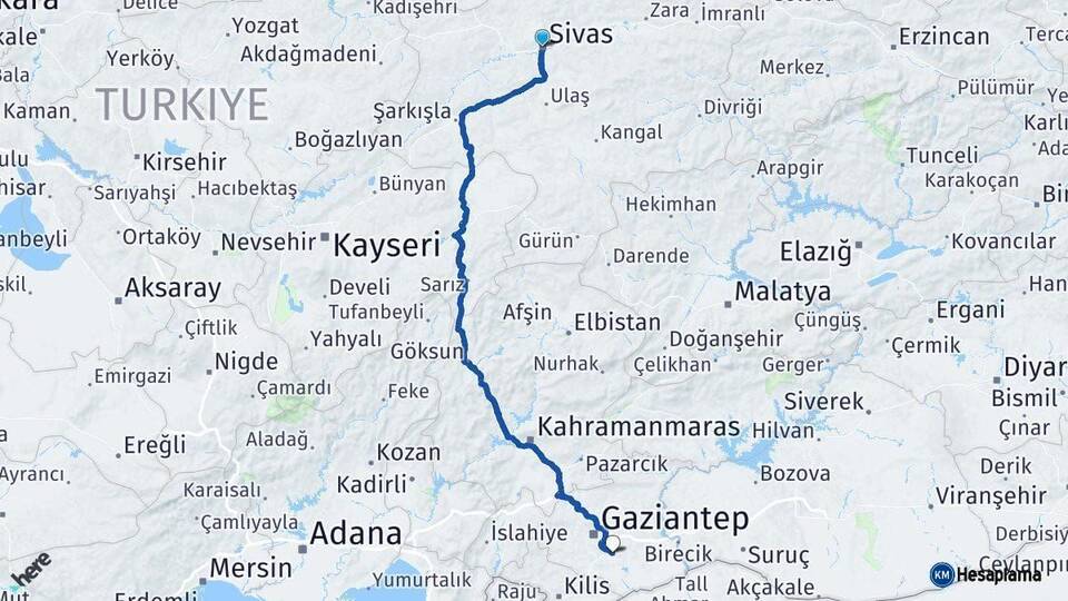Sivas Oğuzeli Gaziantep Arası Kaç Km - Yol Haritası