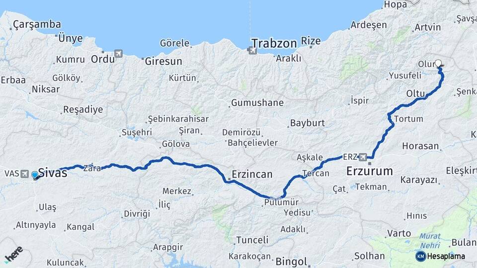 Sivas Olur Erzurum Arası Kaç Km - Yol Haritası